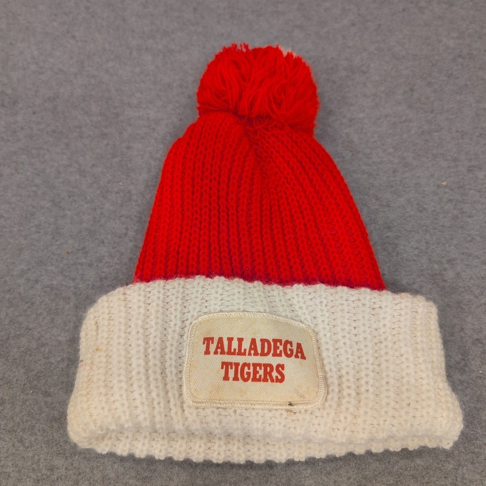 Vintage Talladega Tigers‎ Red White Knit Pom Pom Beanie Hat VG